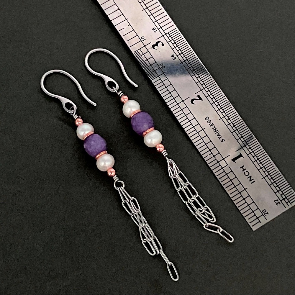 Amethyst Quartz & Freshwater Pearl Tassel Earrings in Copper & Stainless - Picture 3 of 8